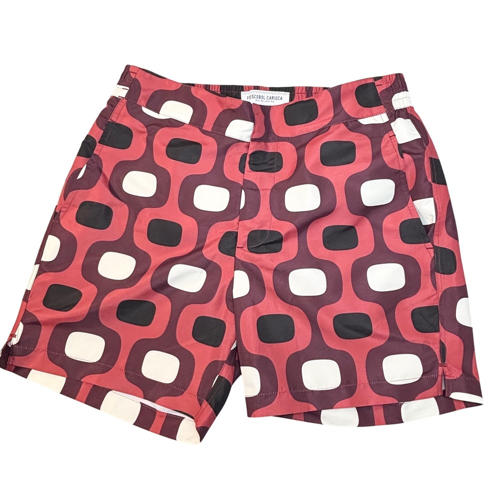 Frescobol Carioca swim short Mens 32 Copacabana Print Burgundy Black Size